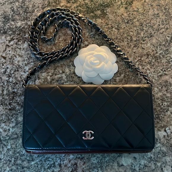 CHANEL Handbags - CHANEL Black Quilted Leather Wallet on Chain with Silver-Tone Hardware